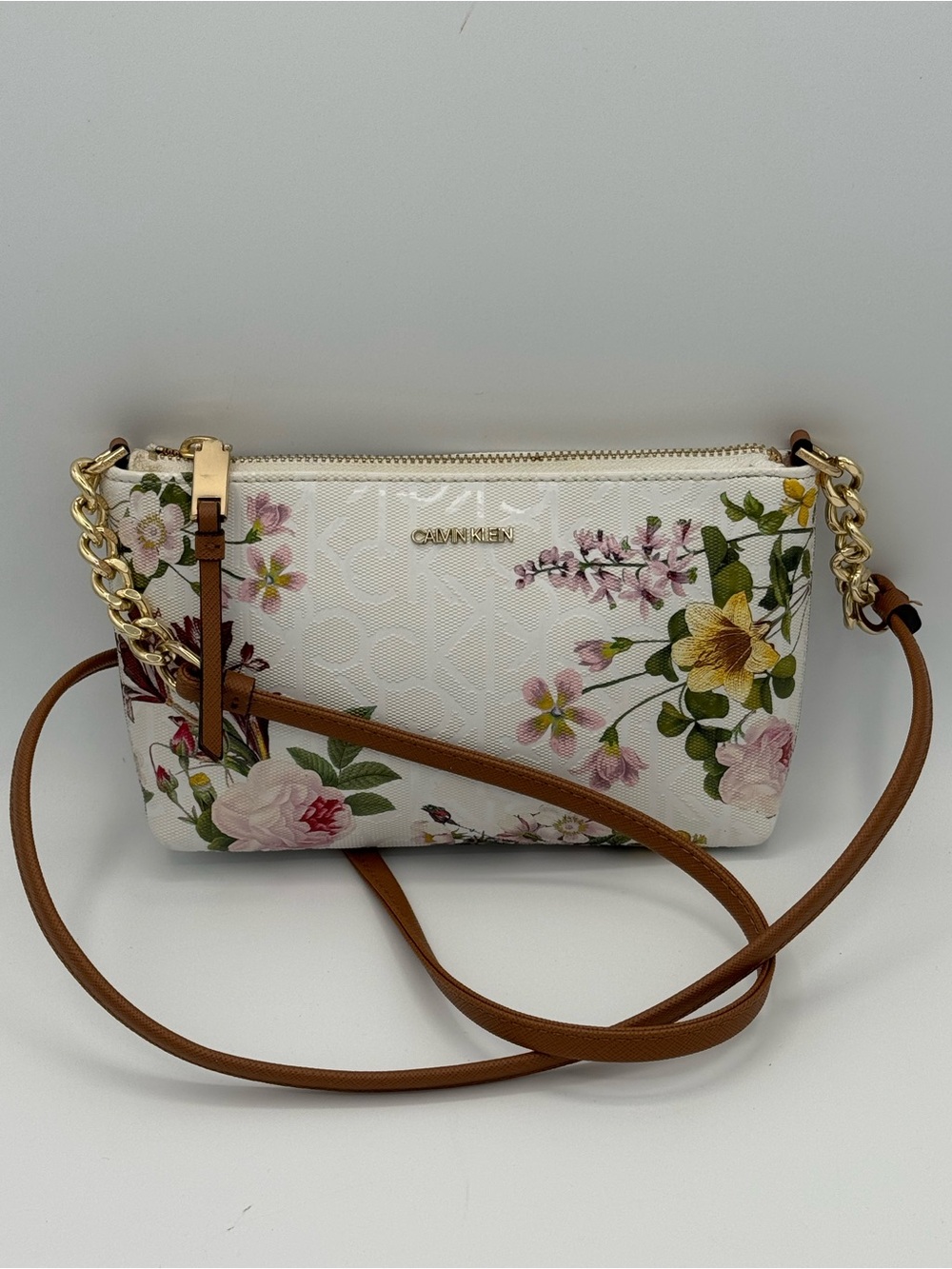 Calvin Klein Vanilla Floral Monogram Crossbody Bag- Pastel with Gold Hardware